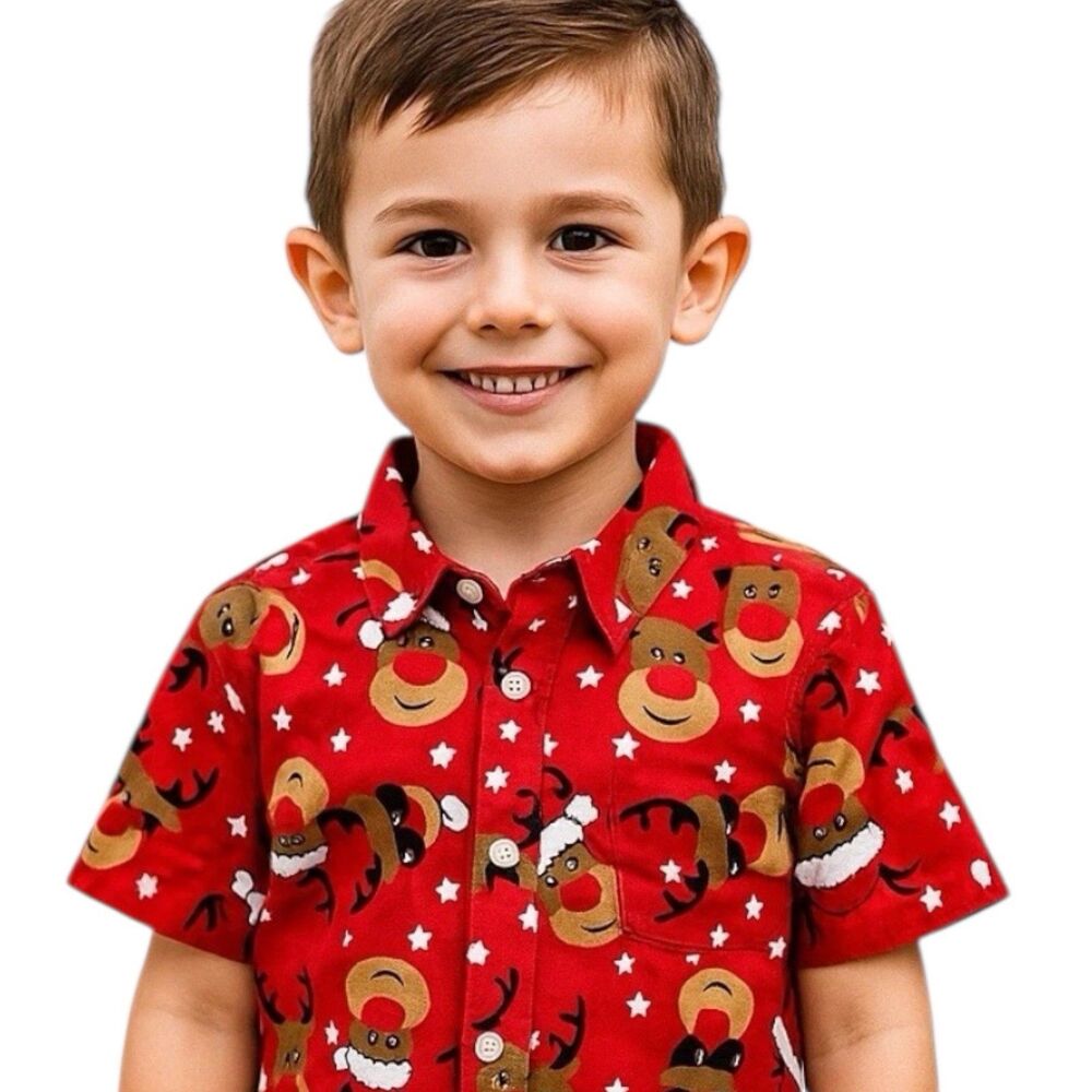 Denim & Flower Boys Shirt 9-10 Red Christmas Reindeer Button Down Short‎ Sleeve